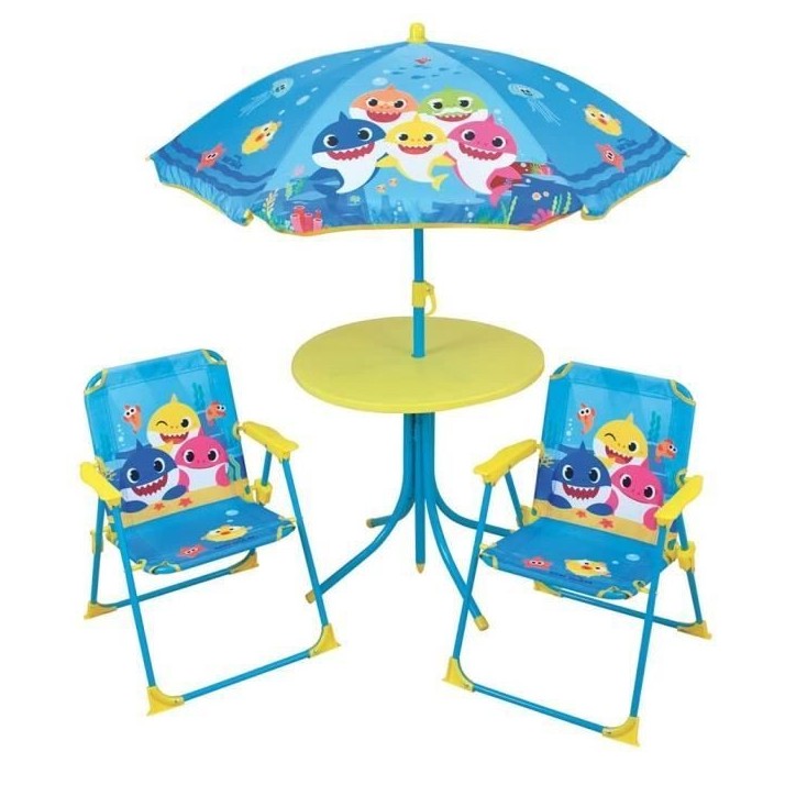 FUN HOUSE Baby Shark Salon de jardin - 1 table H.46xø46 cm, 2 chaises H.53xl.38,5xP.37,5 cm et 1 parasol H.125 x ø100 cm FUN HOUSE Baby Shark Salon de jardin - 1 table H.46xø46 cm, 2 chaises H.53xl.38,5xP.37,5 cm et 1 parasol H.125 x ø100 cm