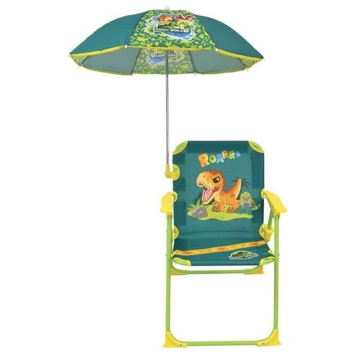 FUN HOUSE JURASSIC WORLD Chaise pliante de camping dinosaures - H.38.5 xl.38.5 x P.37.5 cm - Avec un parasol ø 65 cm - Pour enf FUN HOUSE JURASSIC WORLD Chaise pliante de camping dinosaures - H.38.5 xl.38.5 x P.37.5 cm - Avec un parasol ø 65 cm - Pour enf