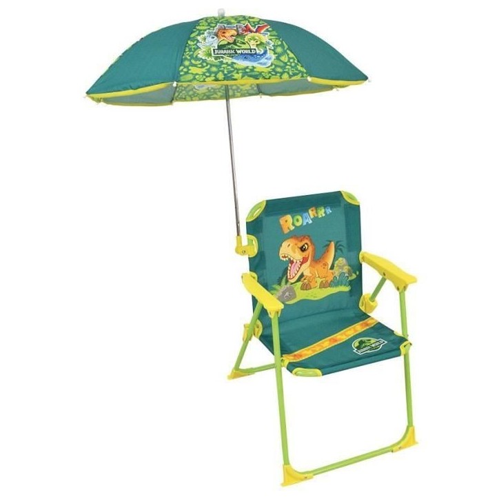 FUN HOUSE JURASSIC WORLD Chaise pliante de camping dinosaures - H.38.5 xl.38.5 x P.37.5 cm - Avec un parasol ø 65 cm - Pour enf FUN HOUSE JURASSIC WORLD Chaise pliante de camping dinosaures - H.38.5 xl.38.5 x P.37.5 cm - Avec un parasol ø 65 cm - Pour enf