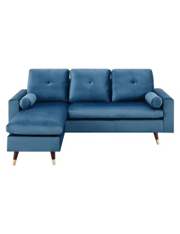 Canapé d'angle fixe réversible - 3 places - Tissu bleu - Pieds bois et doré - L 194 x P 139 x H 83 - NEW YORK