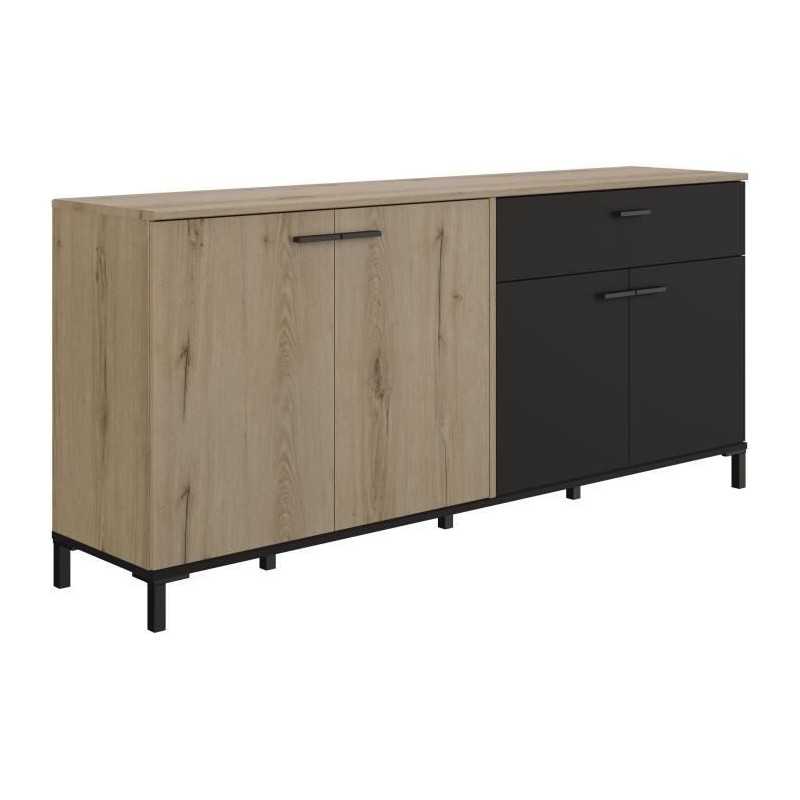Buffet L180 x P40 x H81 cm - TRUST - Chene / Noir - 4 portes - 1 tiroi Buffet L180 x P40 x H81 cm - TRUST - Chene / Noir - 4 portes - 1 tiroi