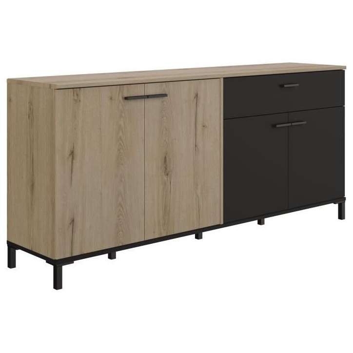Buffet L180 x P40 x H81 cm - TRUST - Chene / Noir - 4 portes - 1 tiroir - GAMI