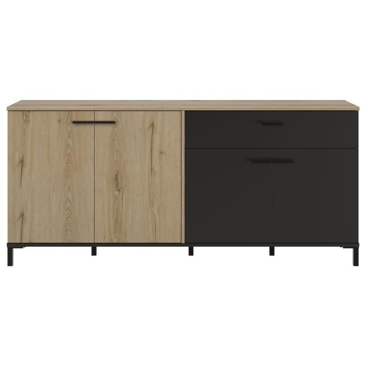 Buffet L180 x P40 x H81 cm - TRUST - Chene / Noir - 4 portes - 1 tiroir - GAMI