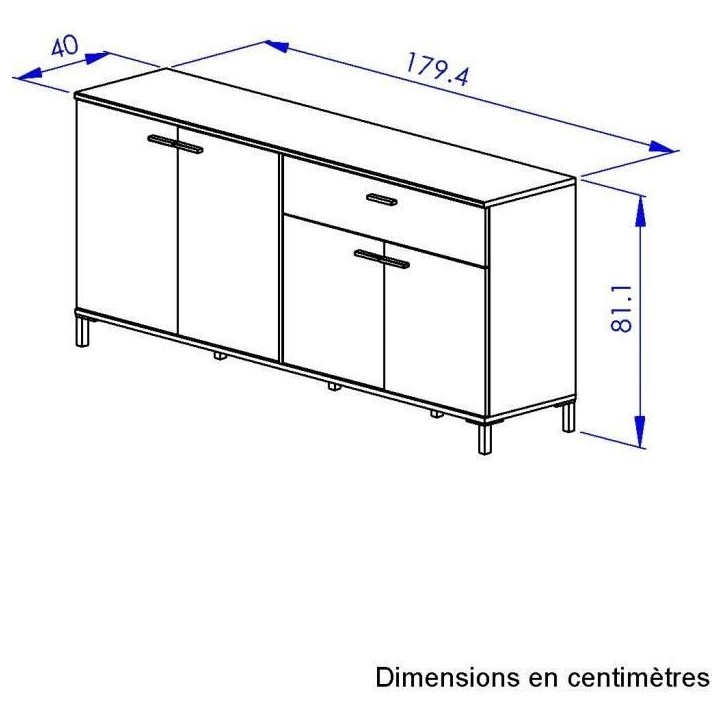 Buffet L180 x P40 x H81 cm - TRUST - Chene / Noir - 4 portes - 1 tiroir - GAMI