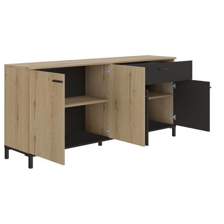 Buffet L180 x P40 x H81 cm - TRUST - Chene / Noir - 4 portes - 1 tiroir - GAMI