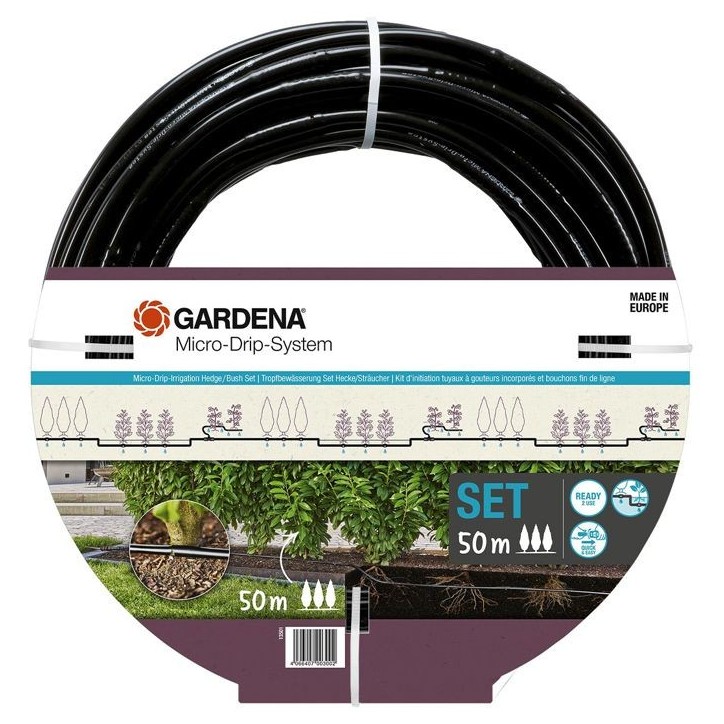 Kit d'initiation - GARDENA - 50 m de tuyau a goutteurs incorporés et bouchon fin de ligne Kit d'initiation - GARDENA - 50 m de tuyau a goutteurs incorporés et bouchon fin de ligne