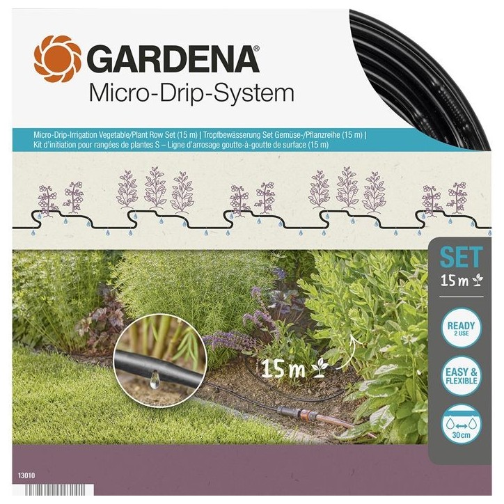 GARDENA Kit complet arrosage goutte-a-goutte taille S Micro-Drip – Arrosage ligne 100m max – Systeme auto-nettoyant - (13010 GARDENA Kit complet arrosage goutte-a-goutte taille S Micro-Drip – Arrosage ligne 100m max – Systeme auto-nettoyant - (13010