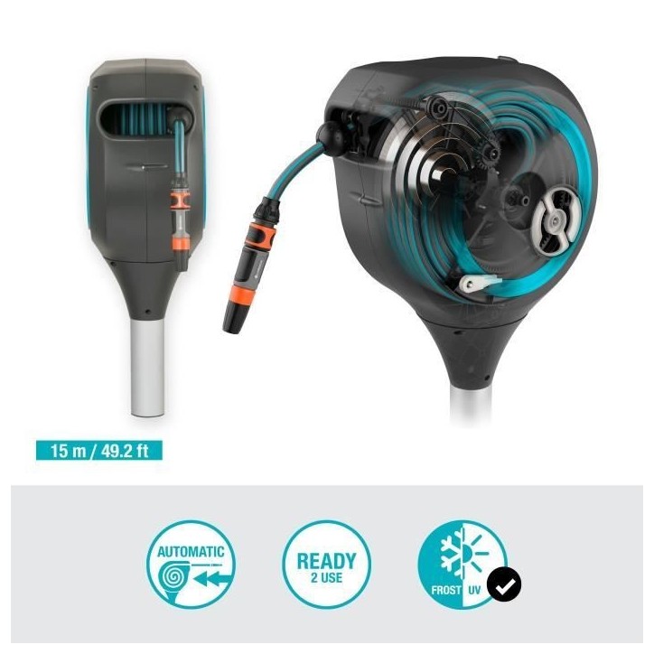 Dévidoir automatique sur pic RollUp S 15 m - GARDENA - Liseret bleu - Enroulement automatique du tuyau Dévidoir automatique sur pic RollUp S 15 m - GARDENA - Liseret bleu - Enroulement automatique du tuyau