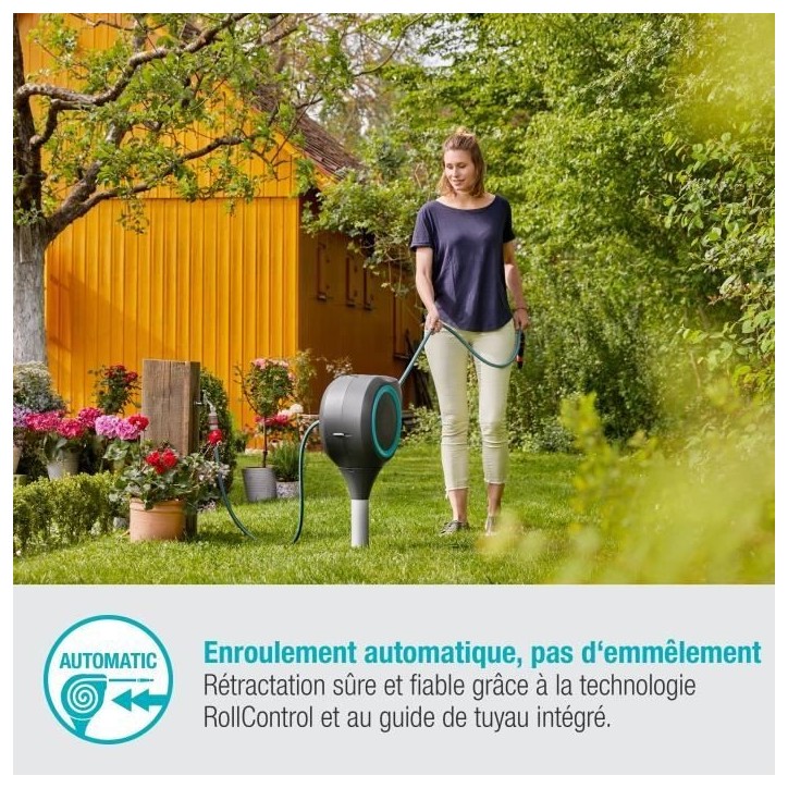 Dévidoir automatique sur pic RollUp S 15 m - GARDENA - Liseret bleu - Enroulement automatique du tuyau Dévidoir automatique sur pic RollUp S 15 m - GARDENA - Liseret bleu - Enroulement automatique du tuyau