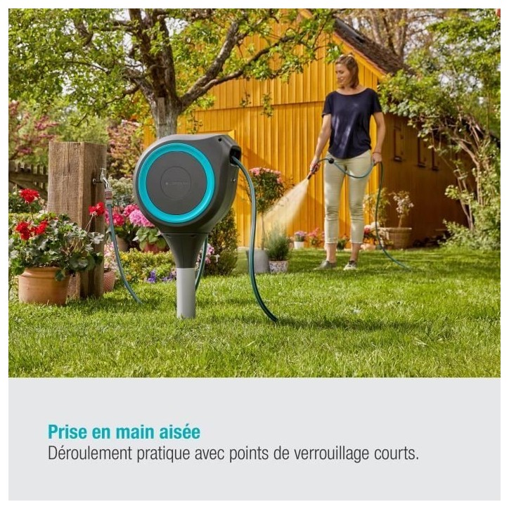 Dévidoir automatique sur pic RollUp S 15 m - GARDENA - Liseret bleu - Enroulement automatique du tuyau Dévidoir automatique sur pic RollUp S 15 m - GARDENA - Liseret bleu - Enroulement automatique du tuyau