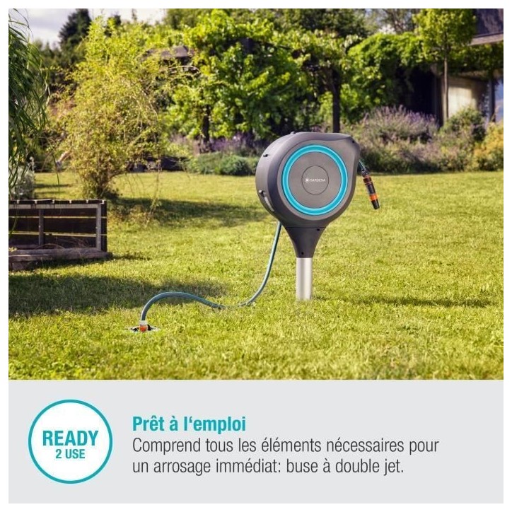 Dévidoir automatique sur pic RollUp S 15 m - GARDENA - Liseret bleu - Enroulement automatique du tuyau Dévidoir automatique sur pic RollUp S 15 m - GARDENA - Liseret bleu - Enroulement automatique du tuyau