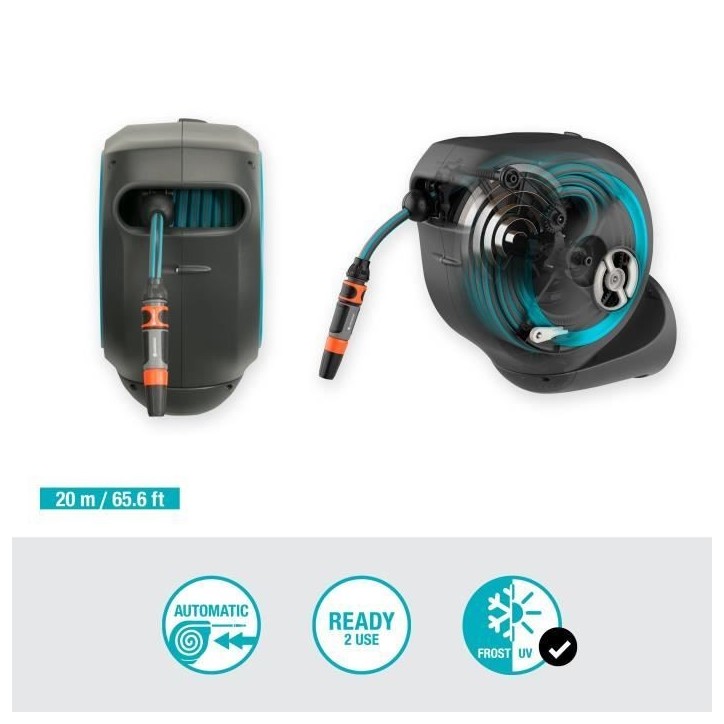 Dévidoir automatique mural RollUp M 20 m - GARDENA - Liseret bleu - Enroulement automatique du tuyau Dévidoir automatique mural RollUp M 20 m - GARDENA - Liseret bleu - Enroulement automatique du tuyau