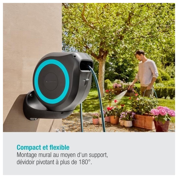 Dévidoir automatique mural RollUp M 20 m - GARDENA - Liseret bleu - Enroulement automatique du tuyau Dévidoir automatique mural RollUp M 20 m - GARDENA - Liseret bleu - Enroulement automatique du tuyau