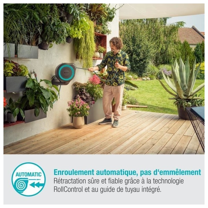 Dévidoir automatique mural RollUp M 20 m - GARDENA - Liseret bleu - Enroulement automatique du tuyau Dévidoir automatique mural RollUp M 20 m - GARDENA - Liseret bleu - Enroulement automatique du tuyau