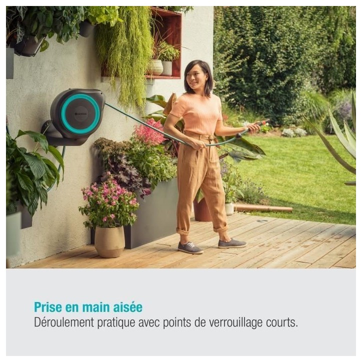 Dévidoir automatique mural RollUp M 20 m - GARDENA - Liseret bleu - Enroulement automatique du tuyau Dévidoir automatique mural RollUp M 20 m - GARDENA - Liseret bleu - Enroulement automatique du tuyau