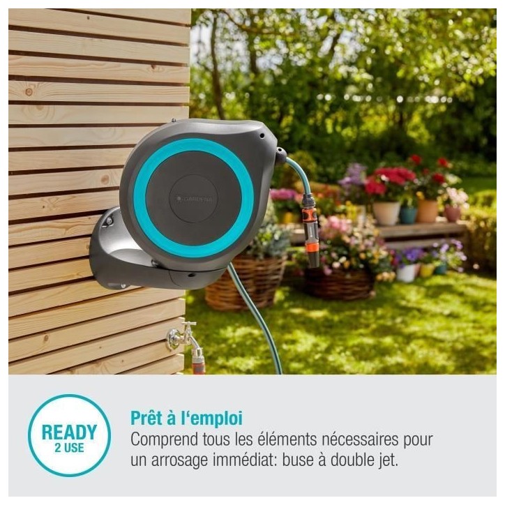Dévidoir automatique mural RollUp M 20 m - GARDENA - Liseret bleu - Enroulement automatique du tuyau Dévidoir automatique mural RollUp M 20 m - GARDENA - Liseret bleu - Enroulement automatique du tuyau