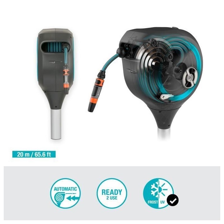 Dévidoir automatique sur pic GARDENA RollUp M liseret bleu - Longueur 20m - Ø11mm - Kit complet