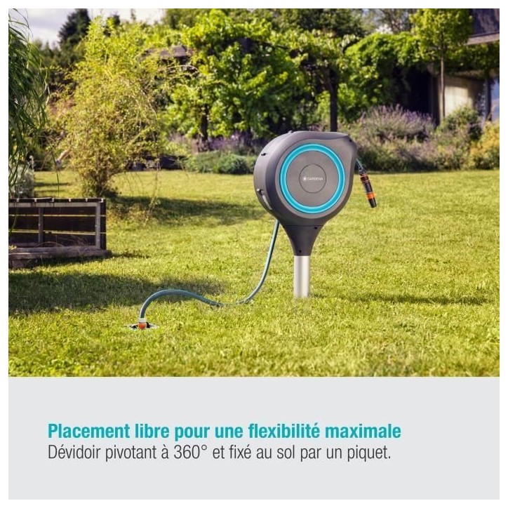 Dévidoir automatique sur pic GARDENA RollUp M liseret bleu - Longueur 20m - Ø11mm - Kit complet