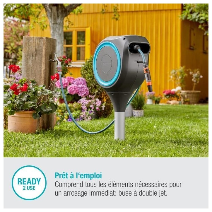 Dévidoir automatique sur pic GARDENA RollUp M liseret bleu - Longueur 20m - Ø11mm - Kit complet