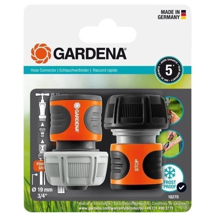 GARDENA raccords rapide et Aquastop Ø19 mm–Pour début et fin de tuyau– Avec l'Original GARDENA System–Résiste au get et GARDENA raccords rapide et Aquastop Ø19 mm–Pour début et fin de tuyau– Avec l'Original GARDENA System–Résiste au get et