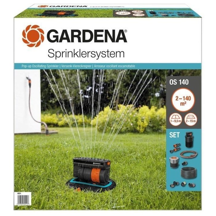 Kit arroseur oscillant escamotable OS140 - GARDENA - Surface 140m² - Portée 15m max - Arrosage rectangulaire Kit arroseur oscillant escamotable OS140 - GARDENA - Surface 140m² - Portée 15m max - Arrosage rectangulaire