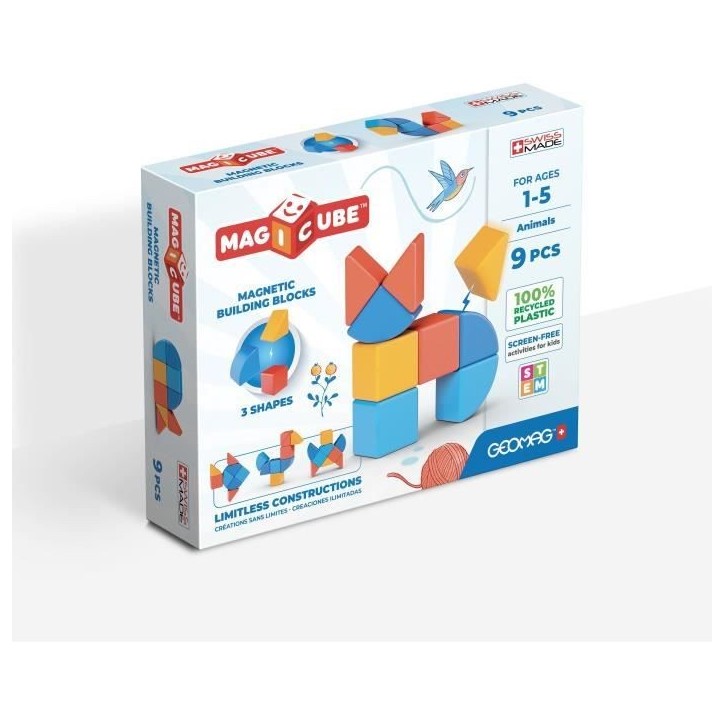 Blocs magnétiques - GEOMAG - Magicube 208 - 9 pieces - Formes variées - Animaux - Plastique recyclé