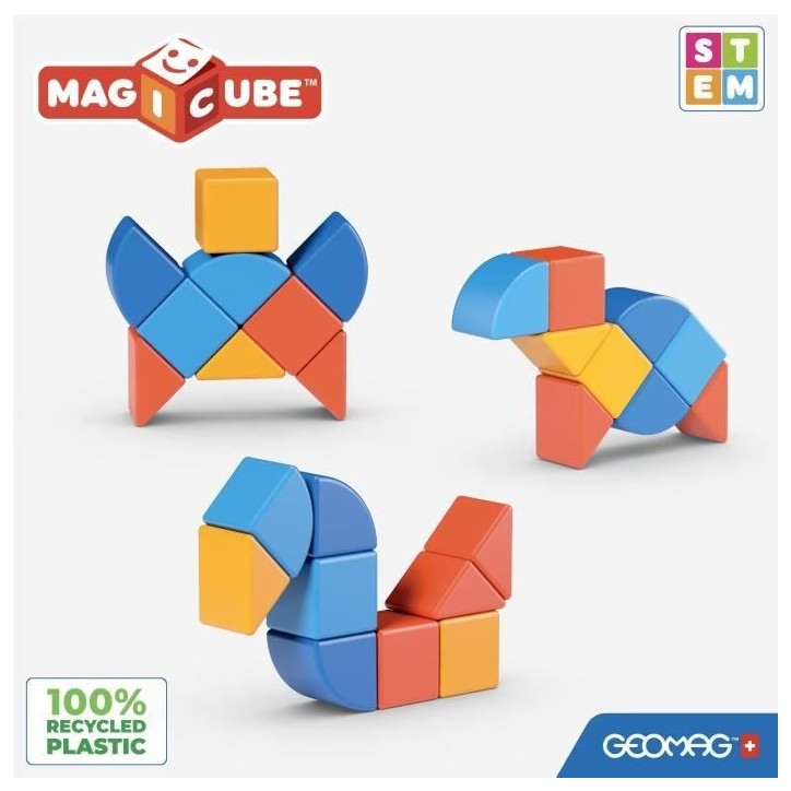 Blocs magnétiques - GEOMAG - Magicube 208 - 9 pieces - Formes variées - Animaux - Plastique recyclé