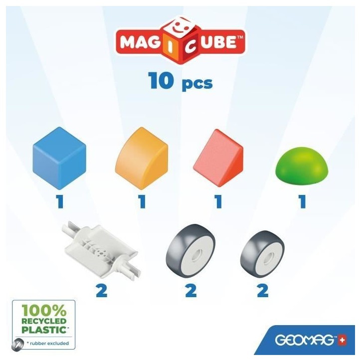 Blocs magnétiques - GEOMAG - Magicube 308 - 10 pieces - Formes variées - Véhicules - Plastique recyclé