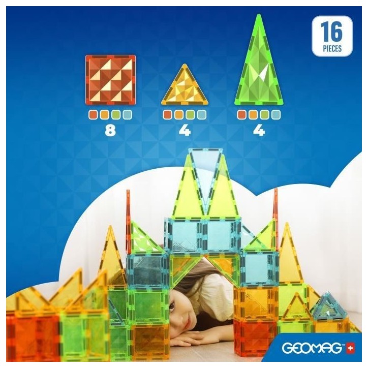 Tuiles magnétiques - GEOMAG - Tiles Gems 4100 - 16 pieces - Formes géométriques - Effet cristal
