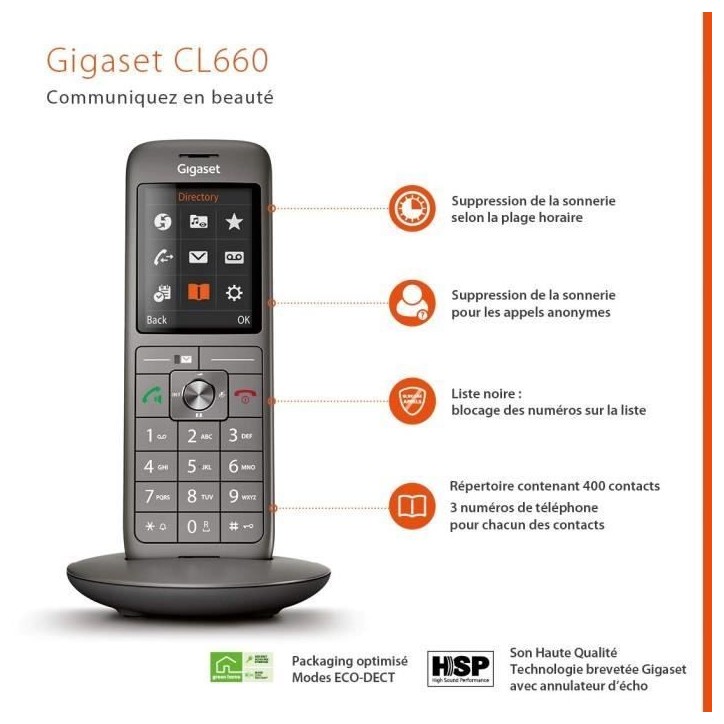 Téléphone Fixe sans fil - GIGASET CL 660 Duo Anthracite - Écran couleur rétroéclairé - Répertoire 400 contacts