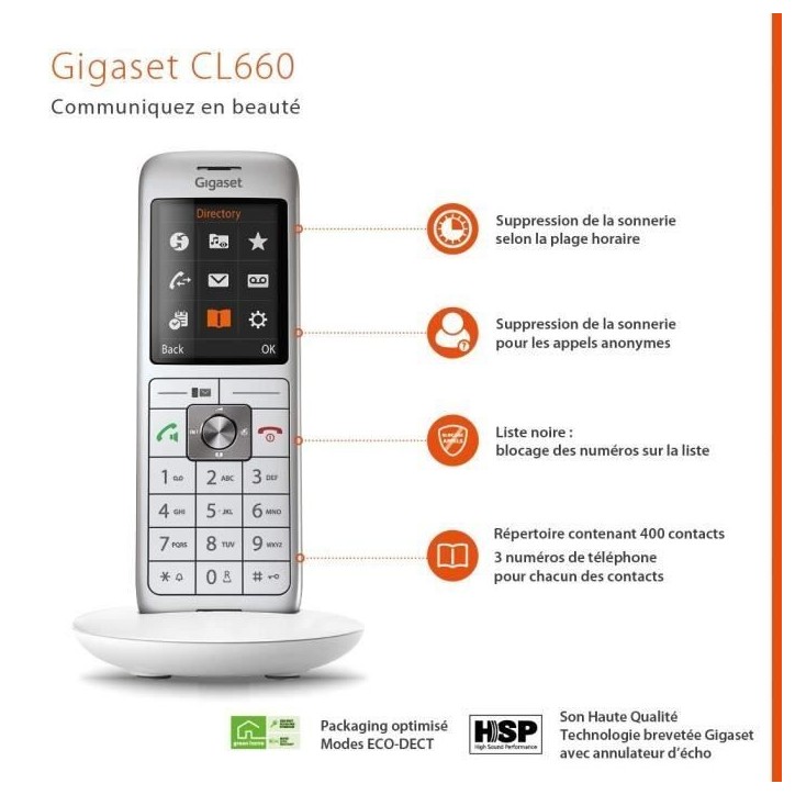 Téléphone Fixe GIGASET CL 660 Blanc - Écran couleur rétroéclairé - Répertoire 400 contacts - Mains libres Téléphone Fixe GIGASET CL 660 Blanc - Écran couleur rétroéclairé - Répertoire 400 contacts - Mains libres