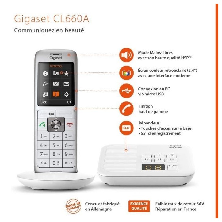 GIGASET Téléphone Fixe CL 660 A Blanc GIGASET Téléphone Fixe CL 660 A Blanc