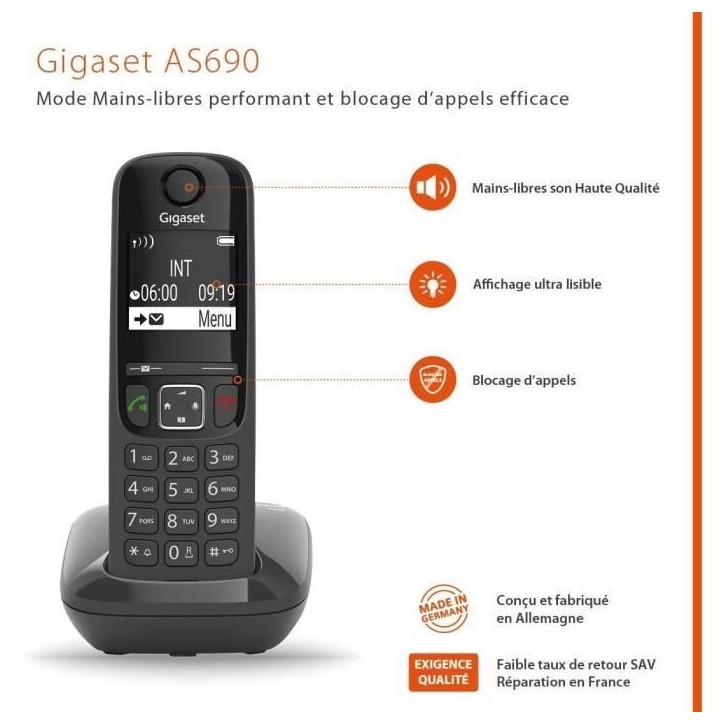 GIGASET Téléphone Fixe AS690 Noir GIGASET Téléphone Fixe AS690 Noir