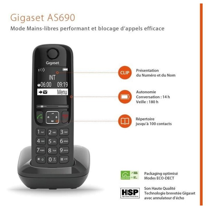 GIGASET Téléphone Fixe AS690 Noir GIGASET Téléphone Fixe AS690 Noir