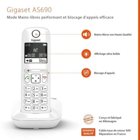 Téléphone Fixe GIGASET AS690 Blanc - Mains-libres performant HSP™ et blocage d'appels efficace