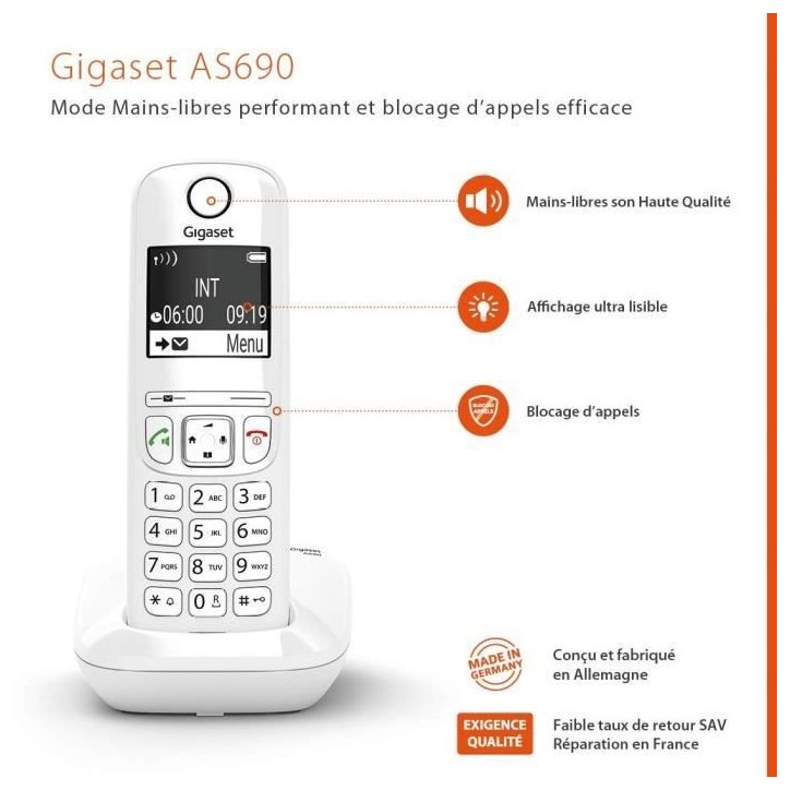 Téléphone Fixe GIGASET AS690 Blanc - Mains-libres performant HSP™ et blocage d'appels efficace
