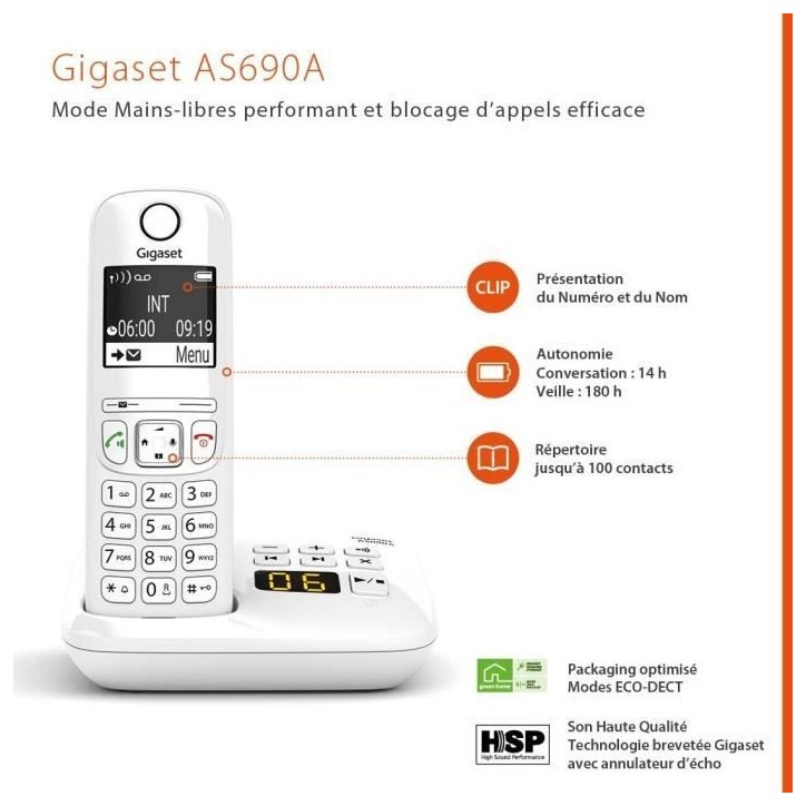 Téléphone Fixe AS690 A Blanc - GIGASET - Sans fil avec répondeur - Mains libres - ID d'appelant Téléphone Fixe AS690 A Blanc - GIGASET - Sans fil avec répondeur - Mains libres - ID d'appelant