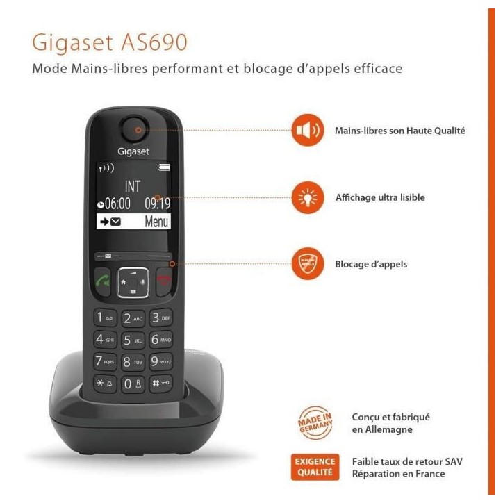 Téléphone Fixe AS690 Trio Noir - GIGASET - Mains-libres performant HSP™ - Blocage d'appels efficace Téléphone Fixe AS690 Trio Noir - GIGASET - Mains-libres performant HSP™ - Blocage d'appels efficace
