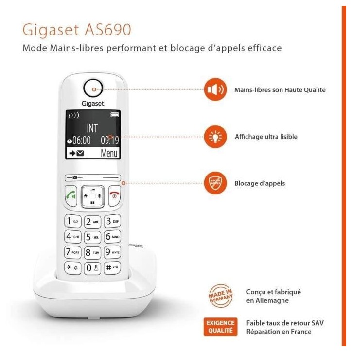 GIGASET Téléphone Fixe AS690 Trio Blanc GIGASET Téléphone Fixe AS690 Trio Blanc