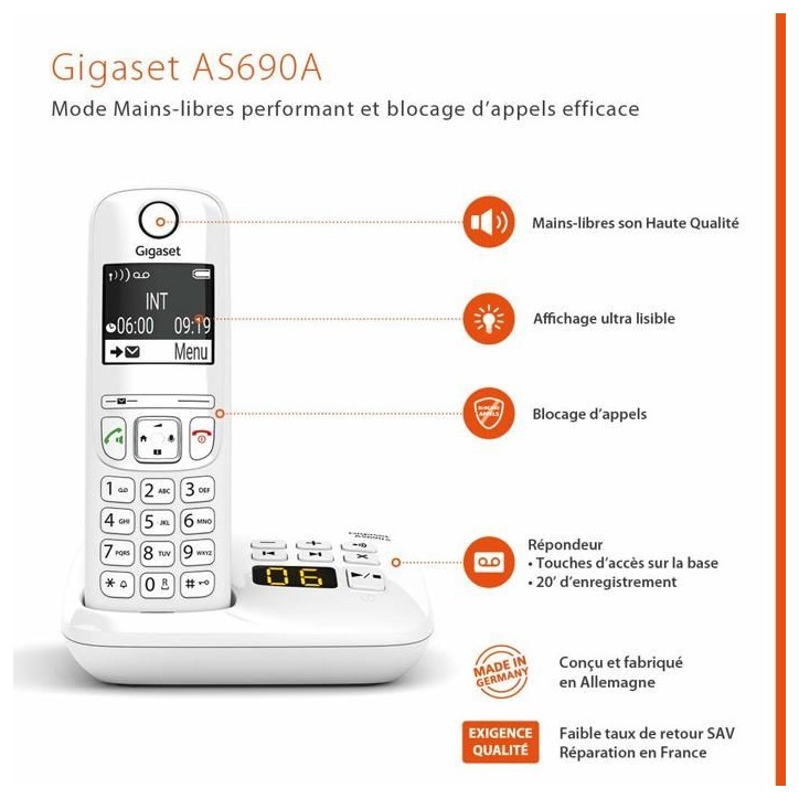 Téléphone Fixe AS690 A Duo Blanc - GIGASET - Sans fil - Répondeur 20 min - ID d'appelant - Mains libres