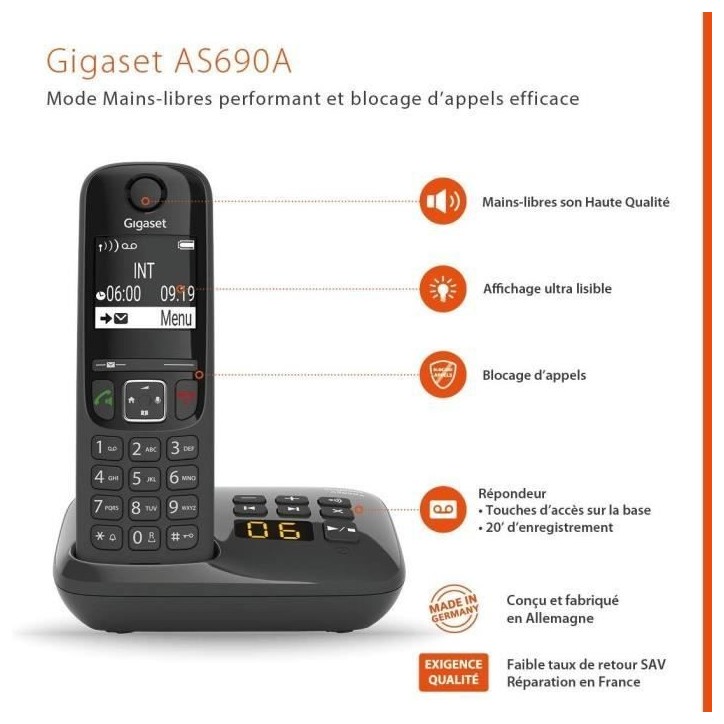 GIGASET Téléphone Fixe AS690 A Trio Noir