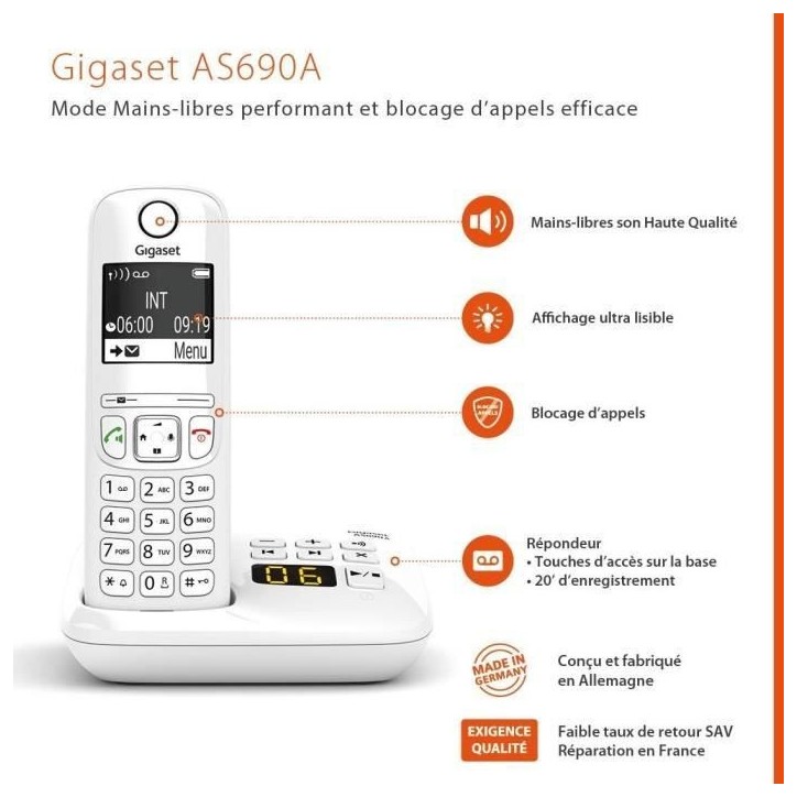 Téléphone Fixe AS690 A Trio Blanc - GIGASET - Monochrome - 20 tonalités de sonnerie - Mains libres Téléphone Fixe AS690 A Trio Blanc - GIGASET - Monochrome - 20 tonalités de sonnerie - Mains libres