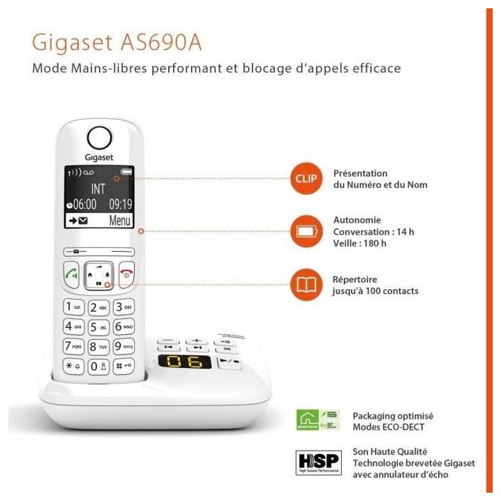 Téléphone Fixe AS690 A Trio Blanc - GIGASET - Monochrome - 20 tonalités de sonnerie - Mains libres Téléphone Fixe AS690 A Trio Blanc - GIGASET - Monochrome - 20 tonalités de sonnerie - Mains libres