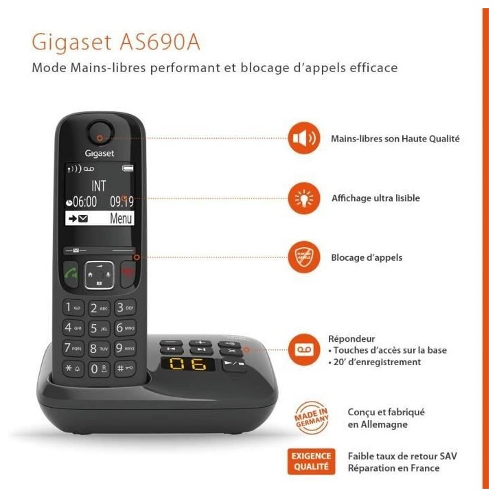 GIGASET Téléphone Fixe AS690 A Quattro Noir GIGASET Téléphone Fixe AS690 A Quattro Noir