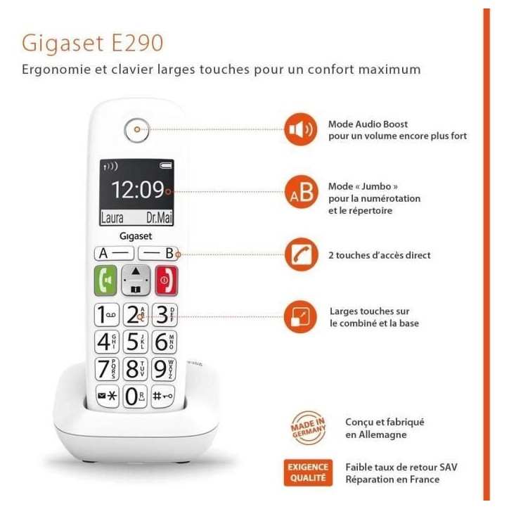Téléphone Fixe sans Fil - GIGASET - E290 Duo Blanc - Grand écran - Larges touches - Audio Boost Téléphone Fixe sans Fil - GIGASET - E290 Duo Blanc - Grand écran - Larges touches - Audio Boost