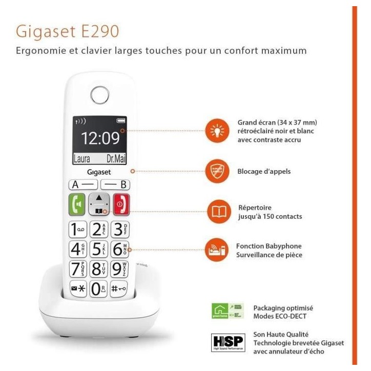 Téléphone Fixe sans Fil - GIGASET - E290 Duo Blanc - Grand écran - Larges touches - Audio Boost Téléphone Fixe sans Fil - GIGASET - E290 Duo Blanc - Grand écran - Larges touches - Audio Boost