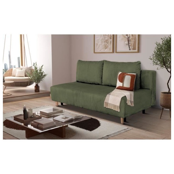 Canapé droit convertible 3 places GINO - Velours côtelé kaki - Avec coffre - L 195 x H 89 x P 91 cm Canapé droit convertible 3 places GINO - Velours côtelé kaki - Avec coffre - L 195 x H 89 x P 91 cm