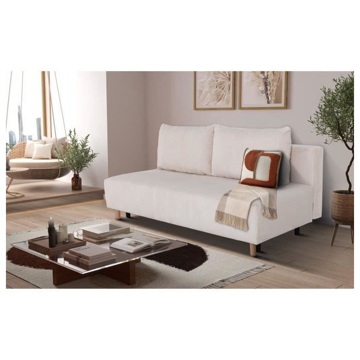 Canapé droit convertible 3 places GINO - Velours côtelé beige - Avec coffre - L 195 x H 89 x P 91 cm Canapé droit convertible 3 places GINO - Velours côtelé beige - Avec coffre - L 195 x H 89 x P 91 cm