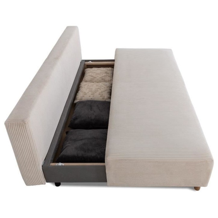 Canapé droit convertible 3 places GINO - Velours côtelé beige - Avec coffre - L 195 x H 89 x P 91 cm Canapé droit convertible 3 places GINO - Velours côtelé beige - Avec coffre - L 195 x H 89 x P 91 cm