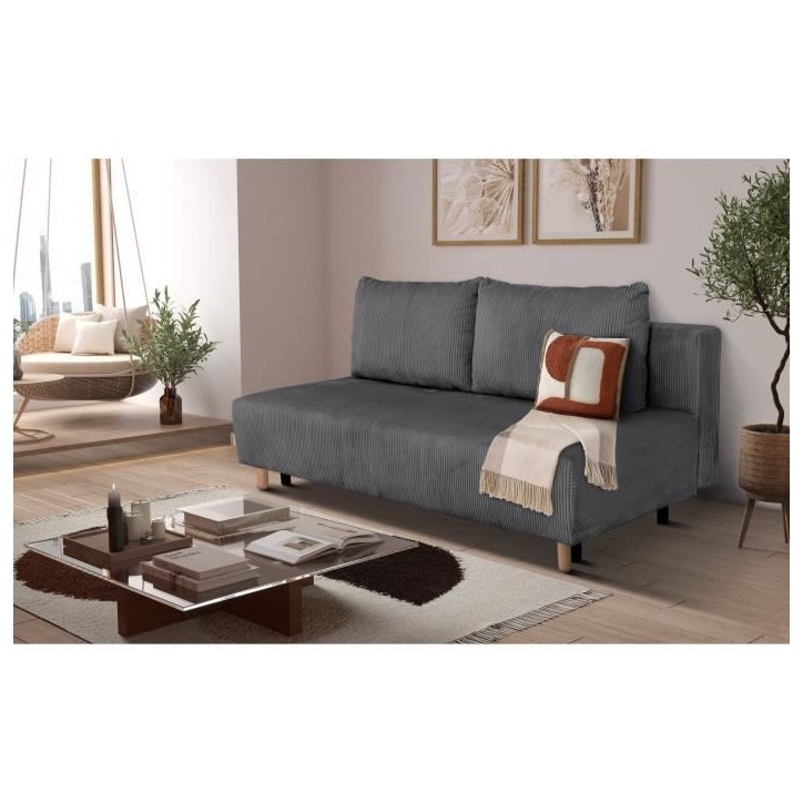 Canapé droit convertible 3 places GINO - Velours côtelé anthracite - Avec coffre - L 195 x H 89 x P 91 cm Canapé droit convertible 3 places GINO - Velours côtelé anthracite - Avec coffre - L 195 x H 89 x P 91 cm